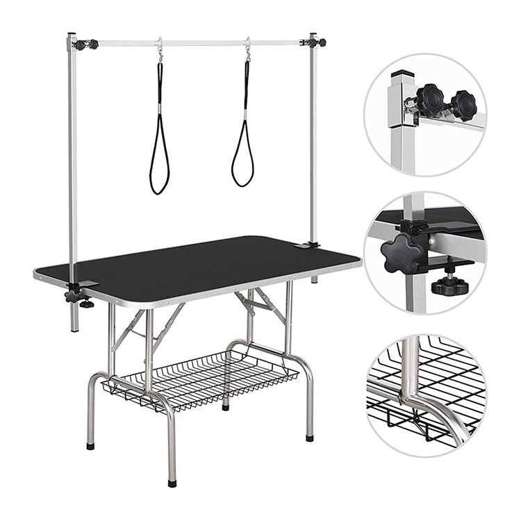 The Features of 46'' black Grooming Table with Arms Clamps Noose and Tray